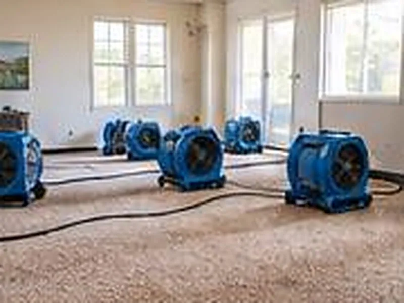 Air movers drying a carpeted room after water damage