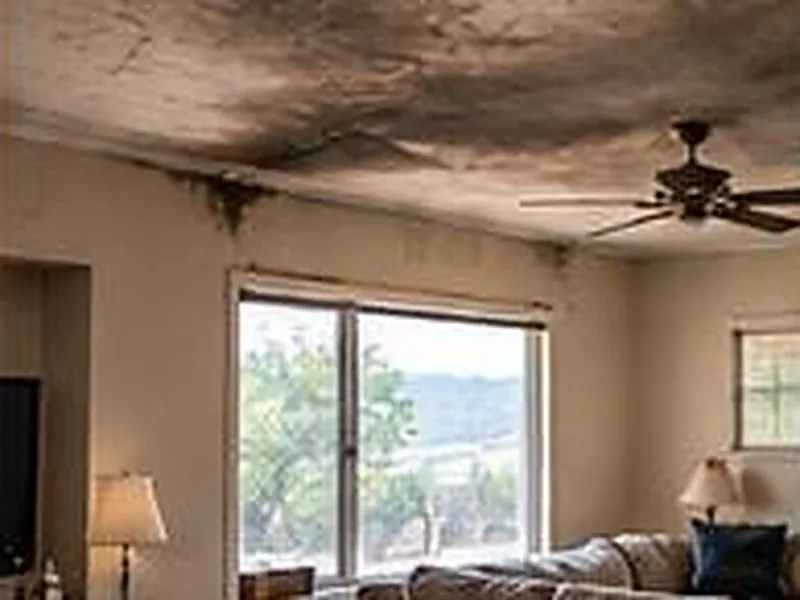 Soot stained ceiling and walls inside a home after a fire