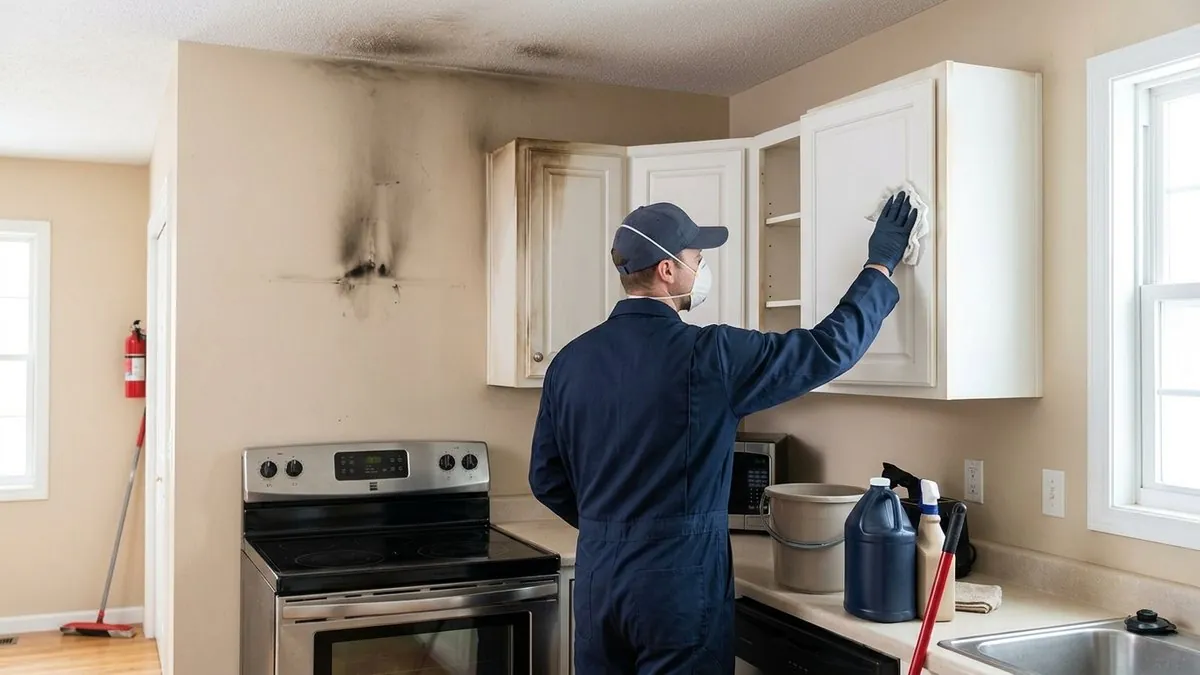 Technician wiping smoke stained kitchen cabinets above a stove